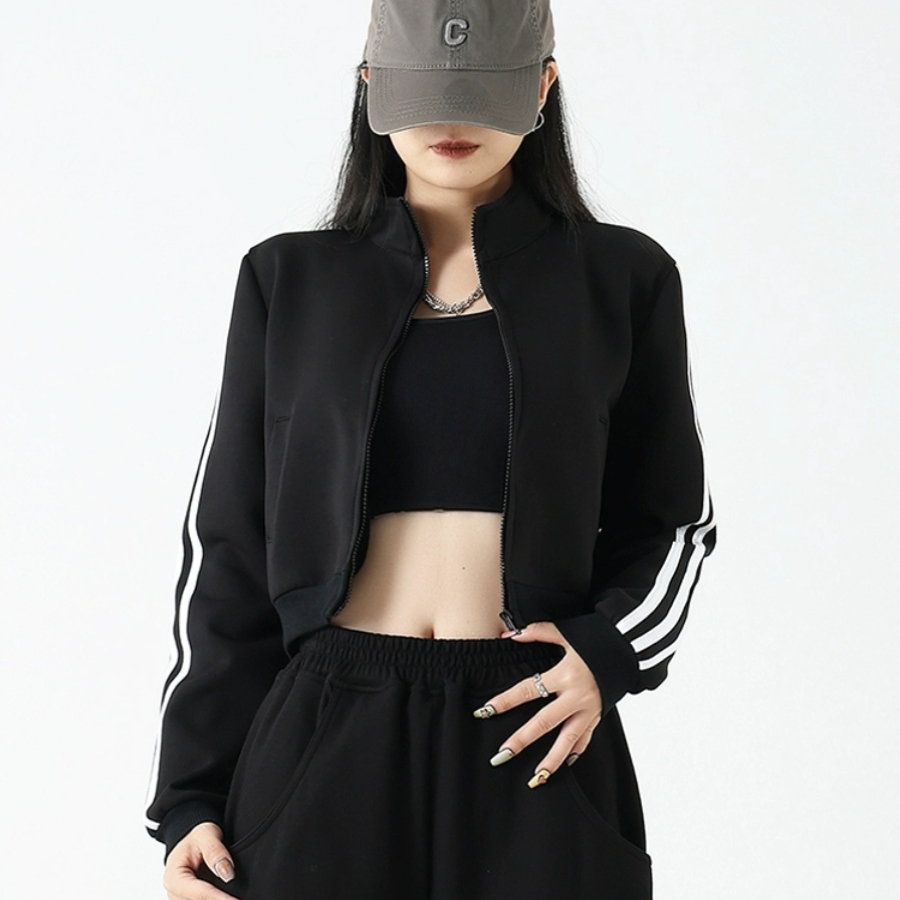 三條杠立領長袖短款外套女春秋美式街頭休閒運動上衣薄款衛衣開衫