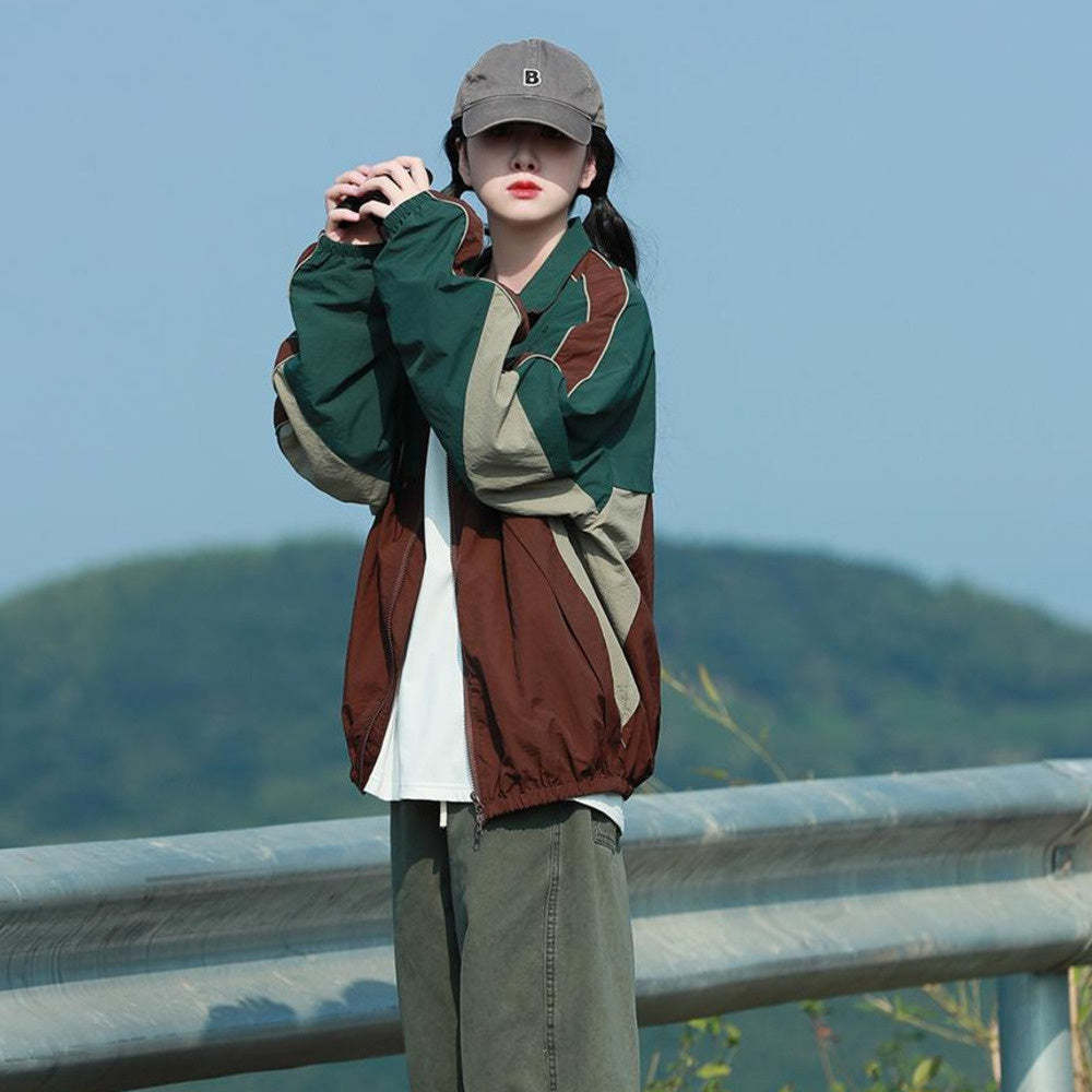 戶外防潑水工裝衝鋒衣外套女街頭潮牌拼接撞色休閒夾克秋