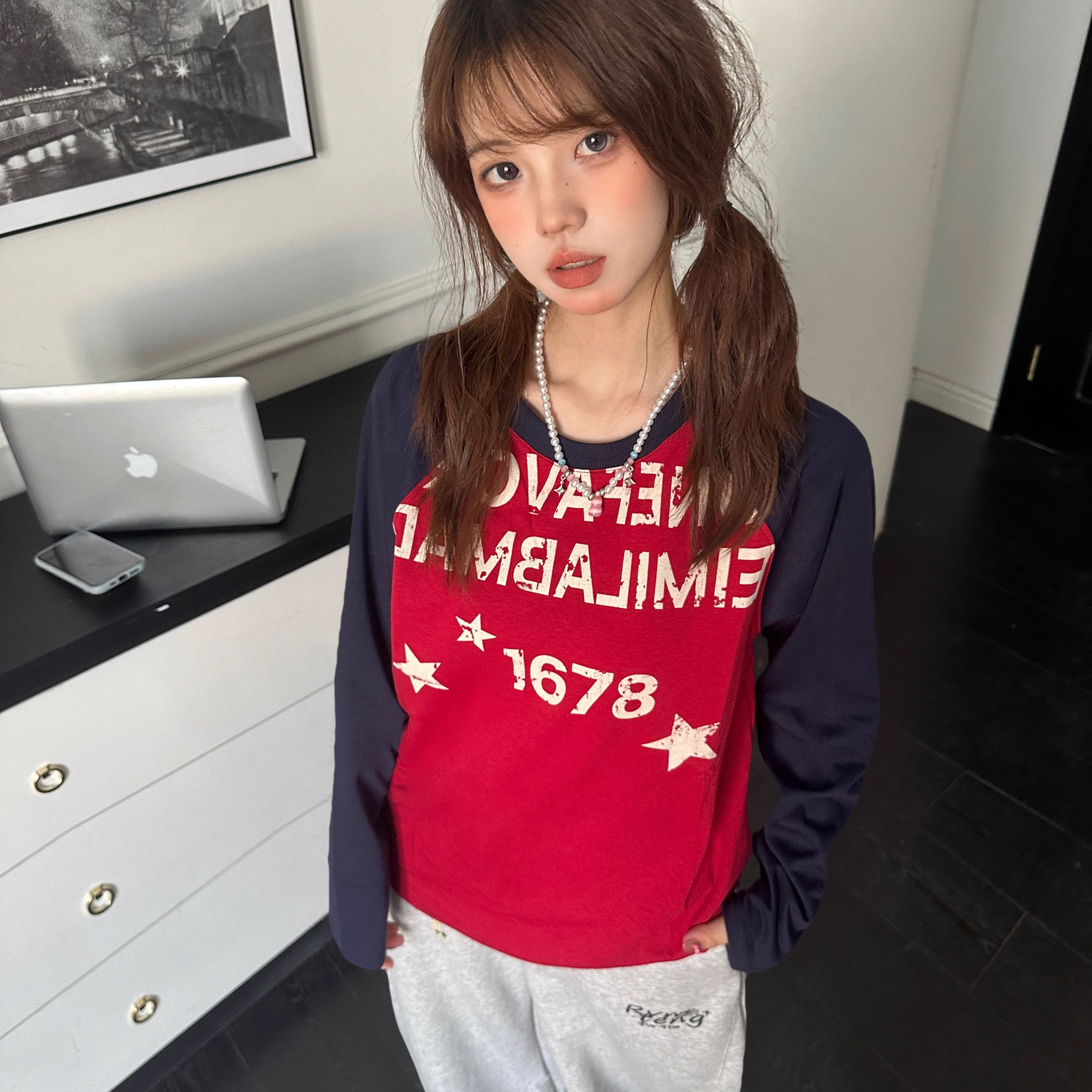 美式復古字母星星拼色上衣T恤女秋季打底寬鬆百搭休閒長袖