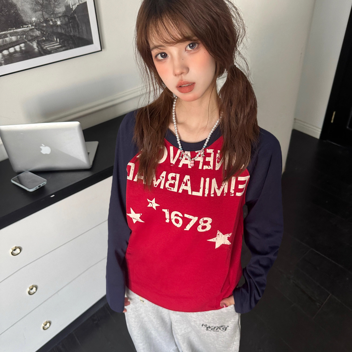 美式復古字母星星拼色上衣T恤女秋季打底寬鬆百搭休閒長袖