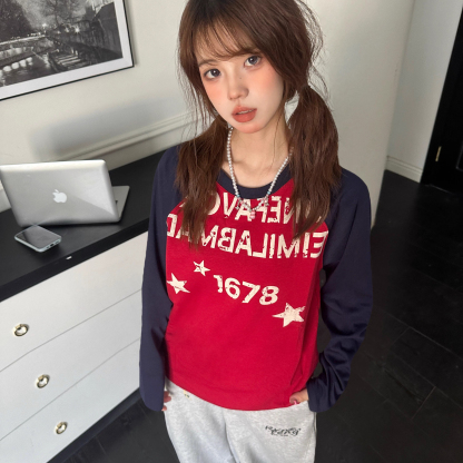美式復古字母星星拼色上衣T恤女秋季打底寬鬆百搭休閒長袖