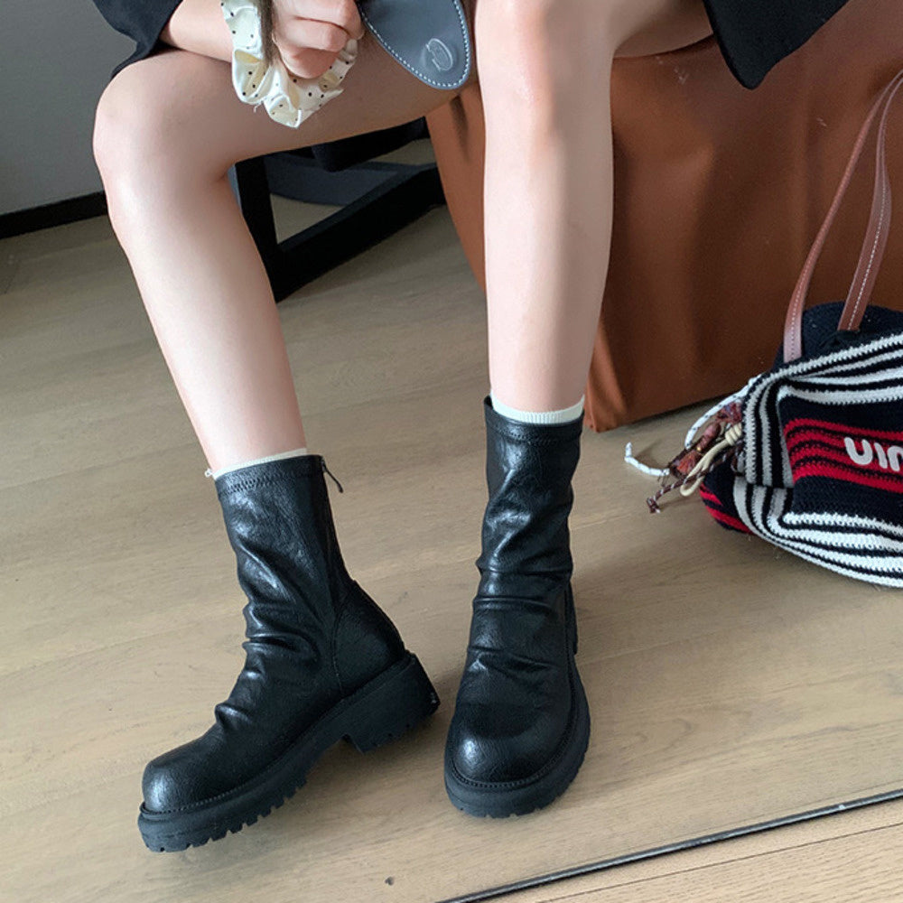 時髦粗跟厚底瘦瘦靴圓頭褶皺後拉鍊堆堆短靴女春秋