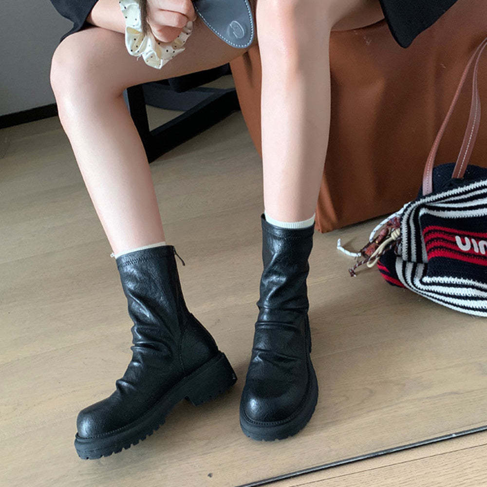 時髦粗跟厚底瘦瘦靴圓頭褶皺後拉鍊堆堆短靴女春秋