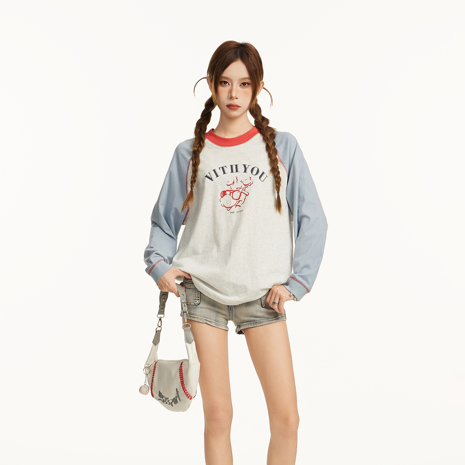 撞色插肩長袖t恤女早秋秋季寬鬆慵懶風正肩內搭打底衫小個子上衣