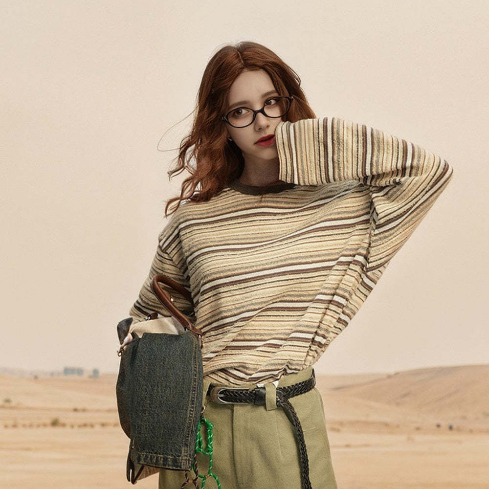 街頭潮牌復古拼接條紋長袖t恤女春秋新款美式寬鬆套頭上衣