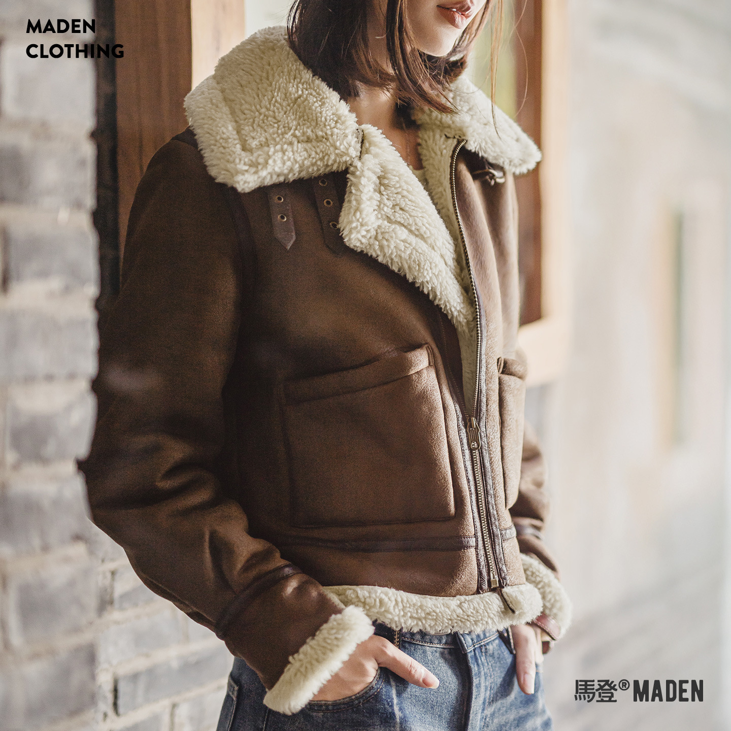 立翻領麂皮仿羊羔毛加厚飛行員短款棉服衣襖夾克外套女士秋冬