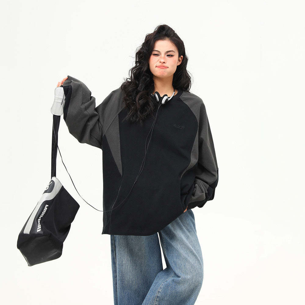 美式復古拼接撞色高級感長袖衛衣女寬鬆潮流上衣