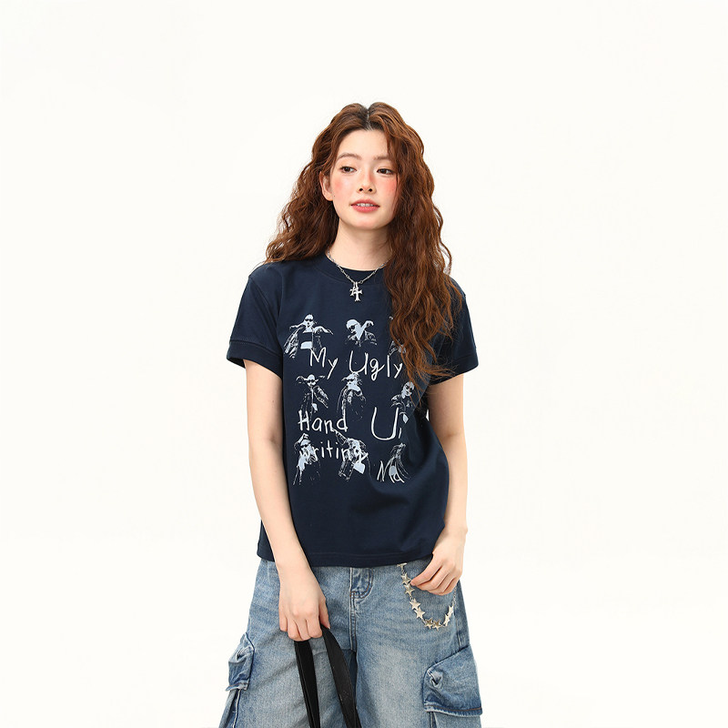 美式復古搖滾人像夏季潮流正肩短袖T恤女短寬鬆百搭上衣