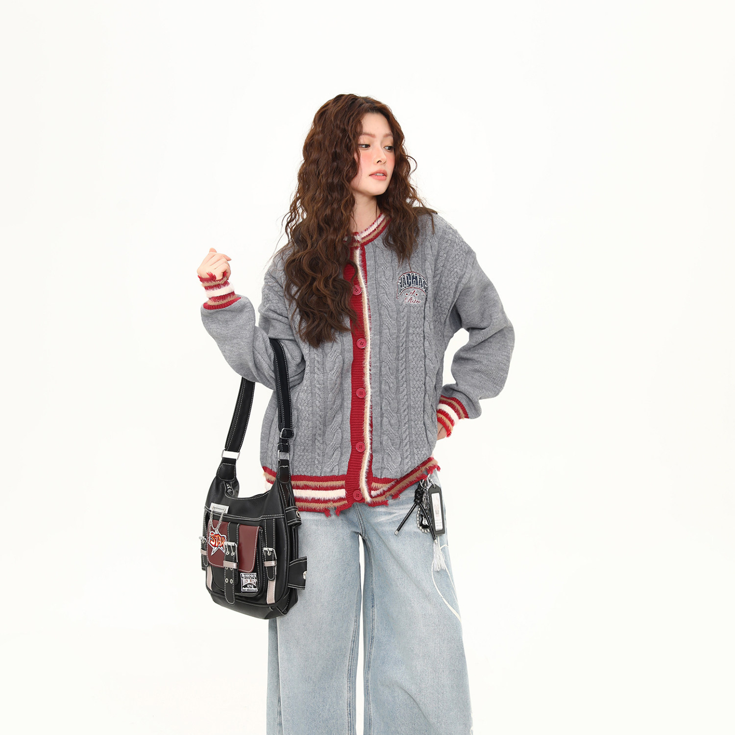 美式復古學院風撞色開衫毛衣女秋冬慵懶粗麻花針織衫外套