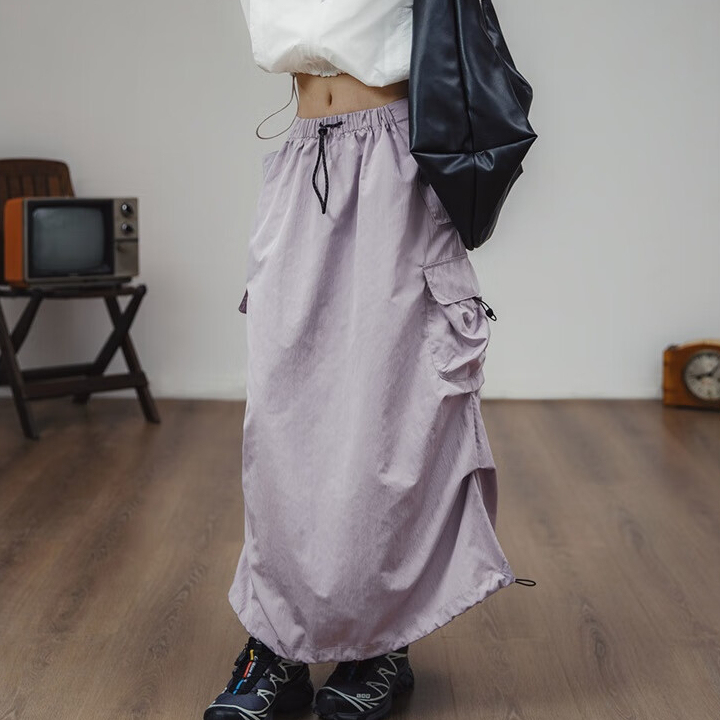 復古工裝a字裙多口袋綁帶抽褶裙子顯瘦中腰半身長裙女春