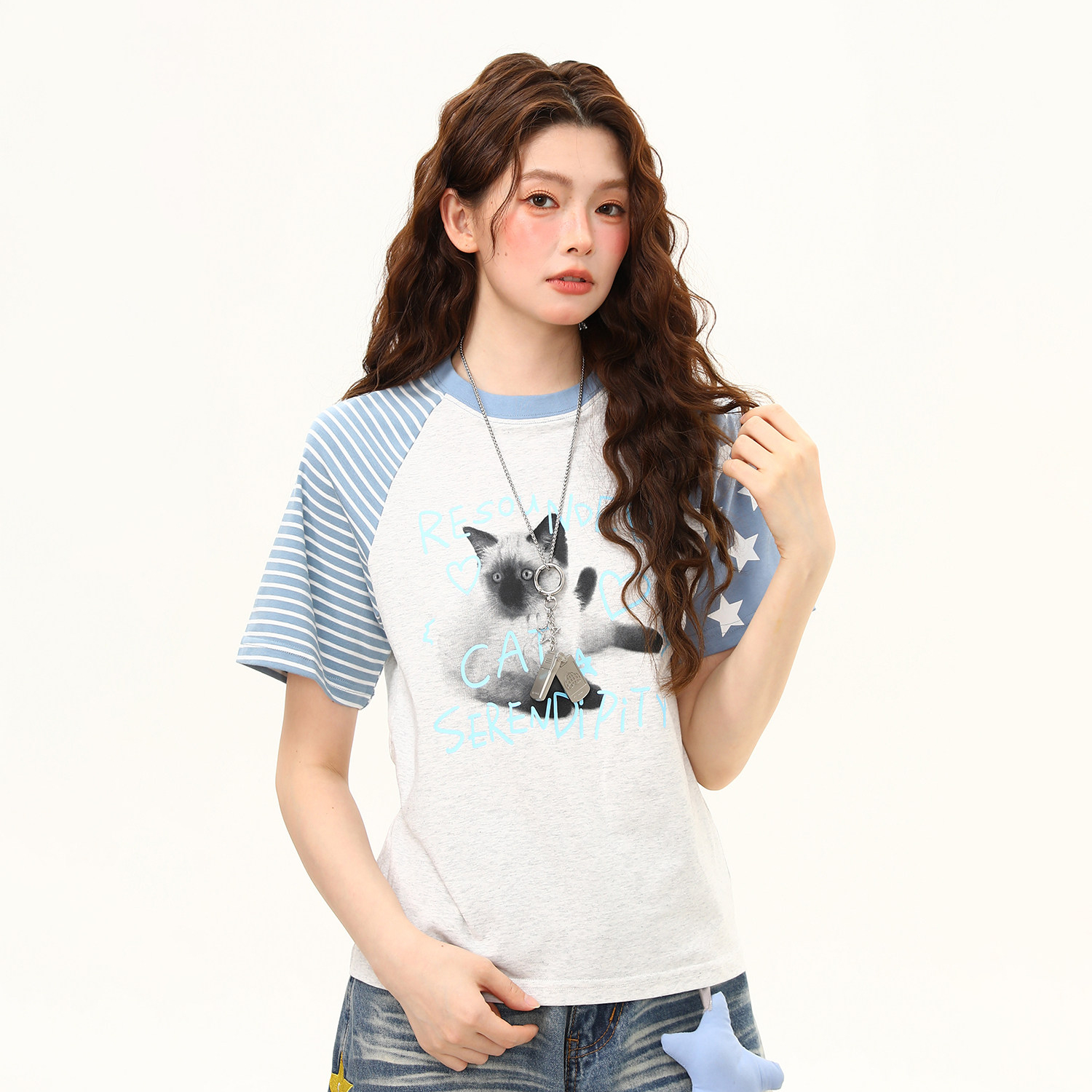 美式圓領撞色猫咪正肩短袖T恤女夏季新款潮流微寬鬆上衣