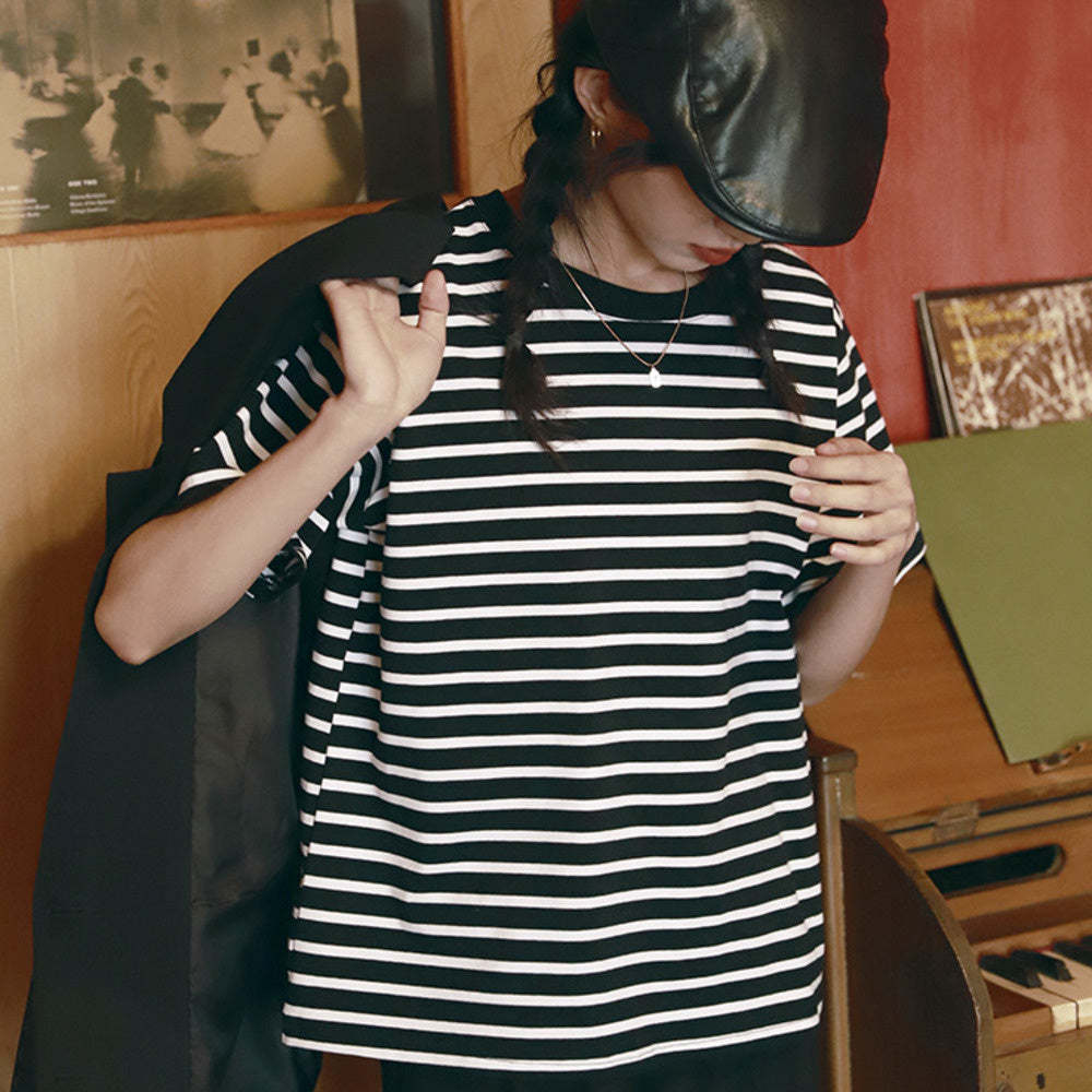 黑白經典條紋女短袖春夏寬鬆慵懶圓領純棉t恤上衣