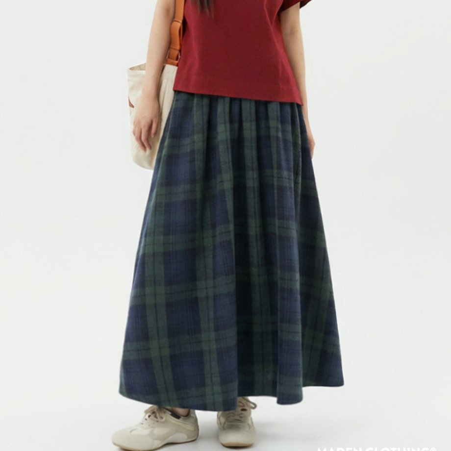 復古泡泡紗格紋半身長裙全純棉鬆緊腰肌理感A字傘裙子女士春
