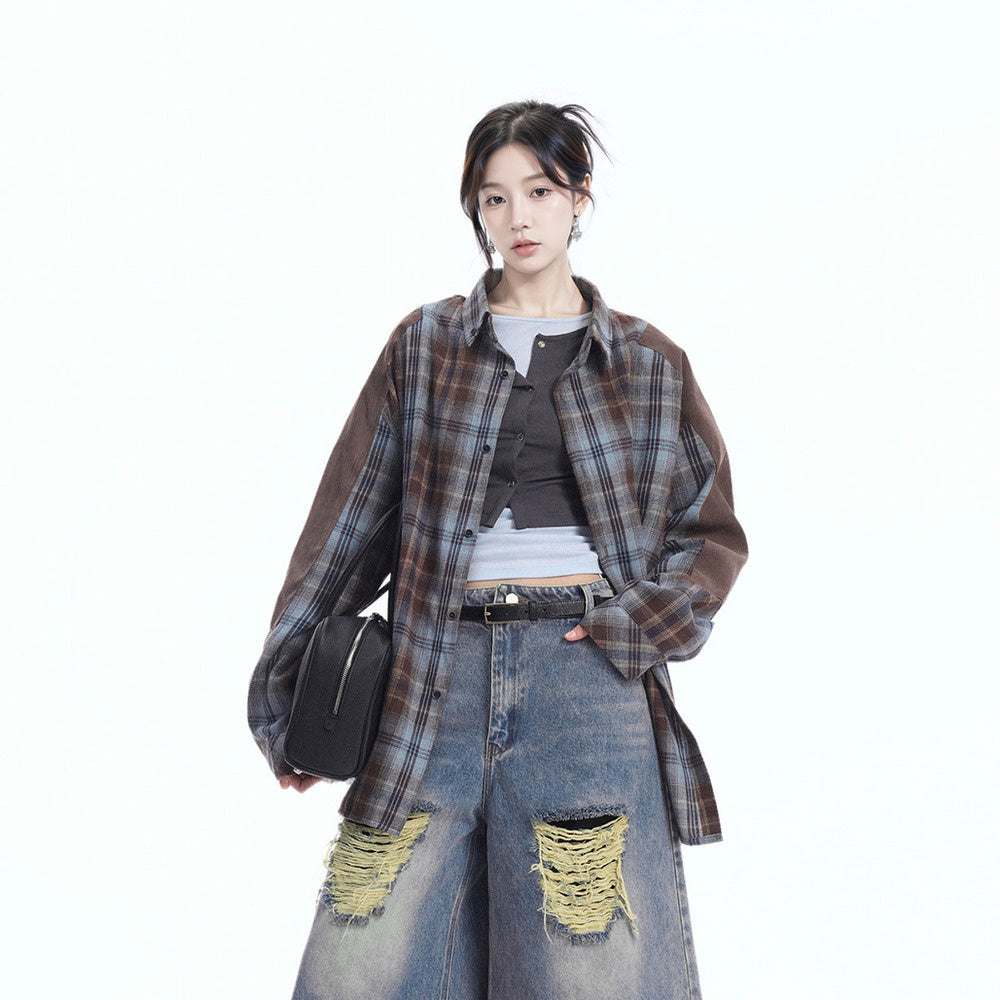 美式復古拼接格子襯衫女春季新款襯衣寬鬆百搭上衣