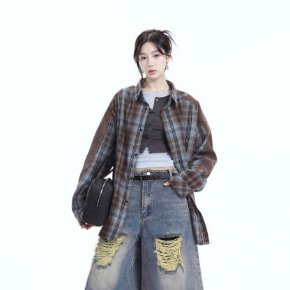 美式復古拼接格子襯衫女春季新款襯衣寬鬆百搭上衣