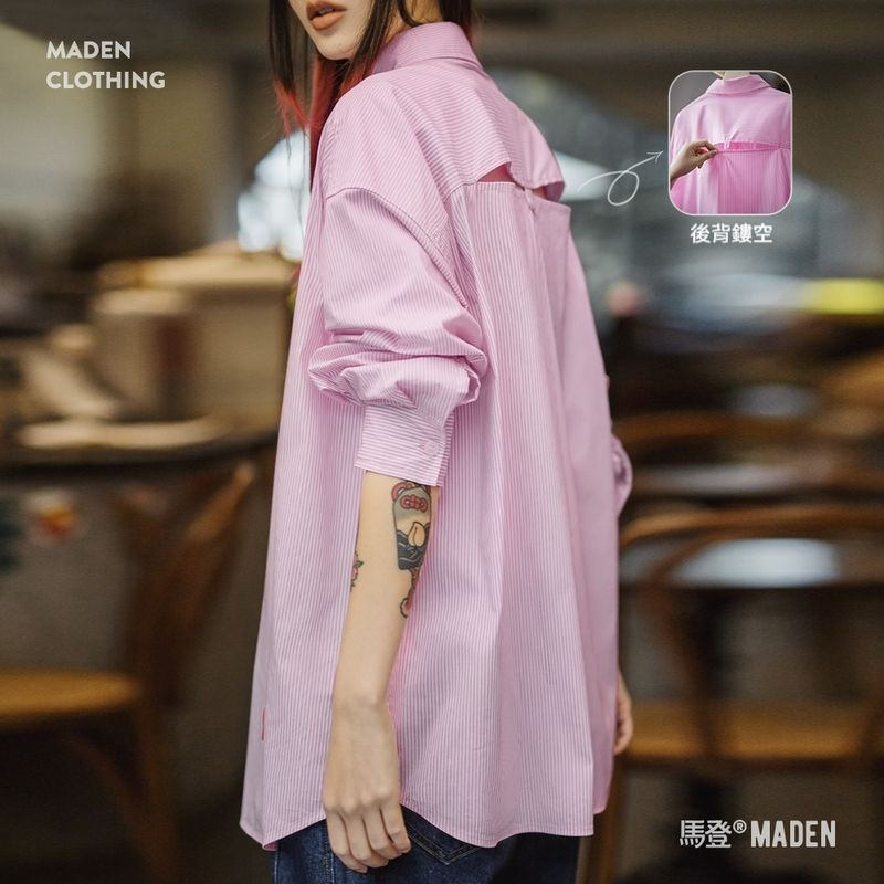 淺春系粉白條紋襯衫慵懶度假風外套微彈鏤空oversize上衣春女