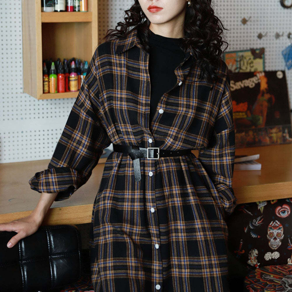 襯衫女外穿百搭直筒復古黑色長袖早秋季磨毛格子寬鬆中長款連衣裙