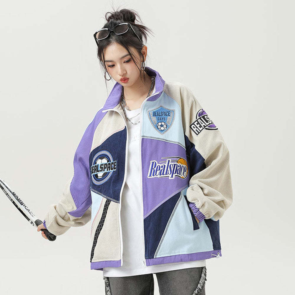 美式復古國潮刺繡拼接立領夾克女運動設計感機車風外套