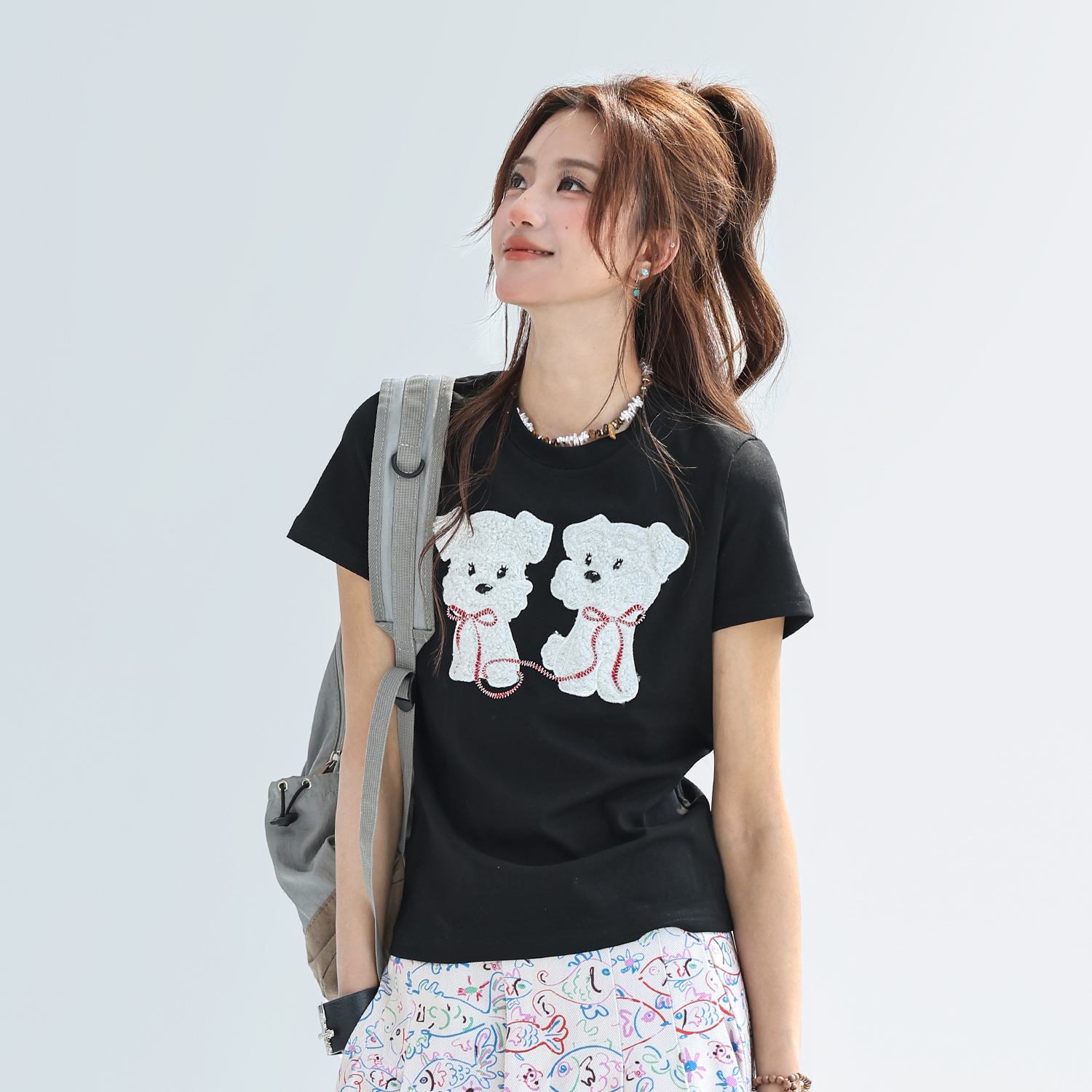 可愛毛茸茸小狗貼布繡短袖t恤女夏正肩顯瘦修身上衣