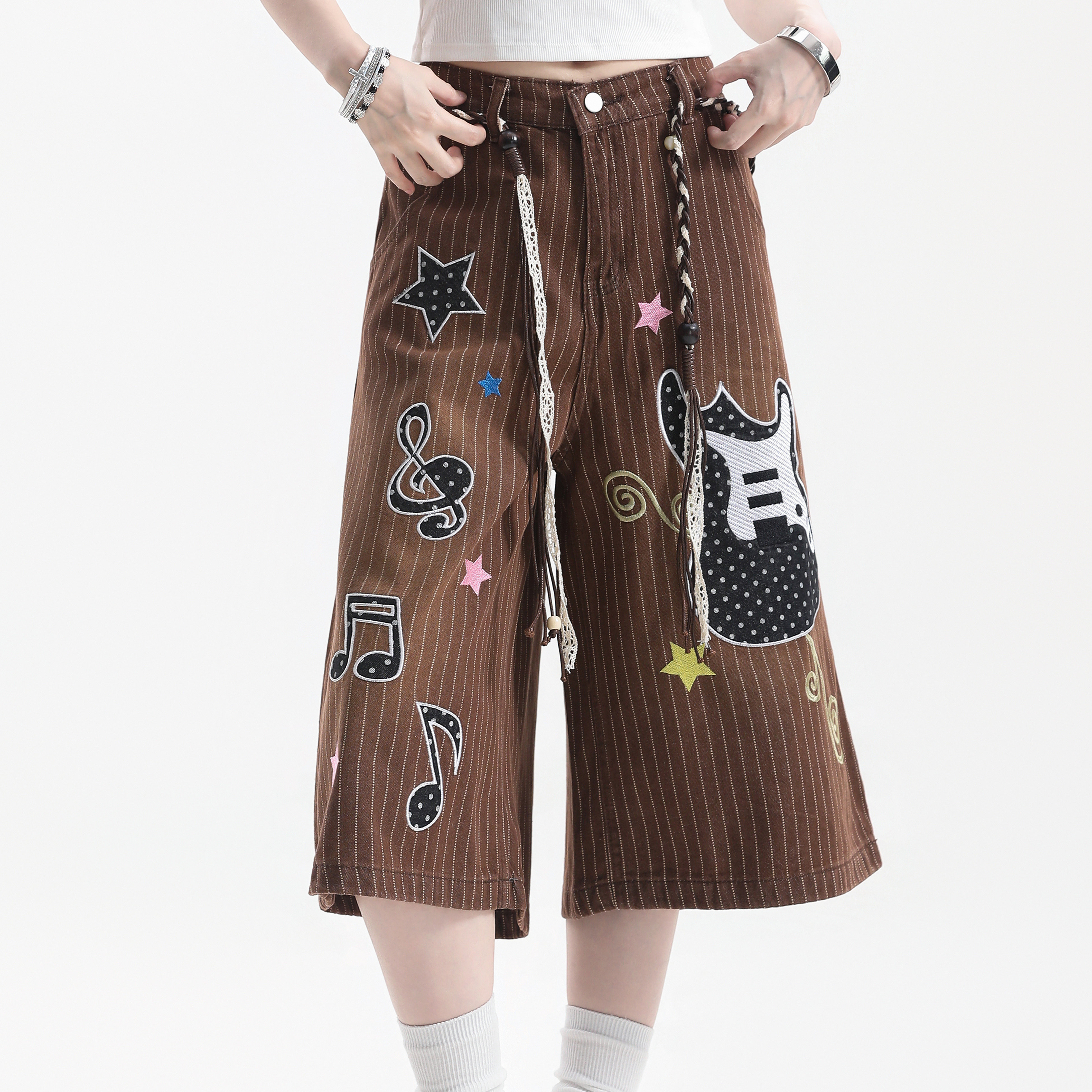美式潮牌吉他音符刺繡豎條紋七分褲女直筒牛仔短褲子