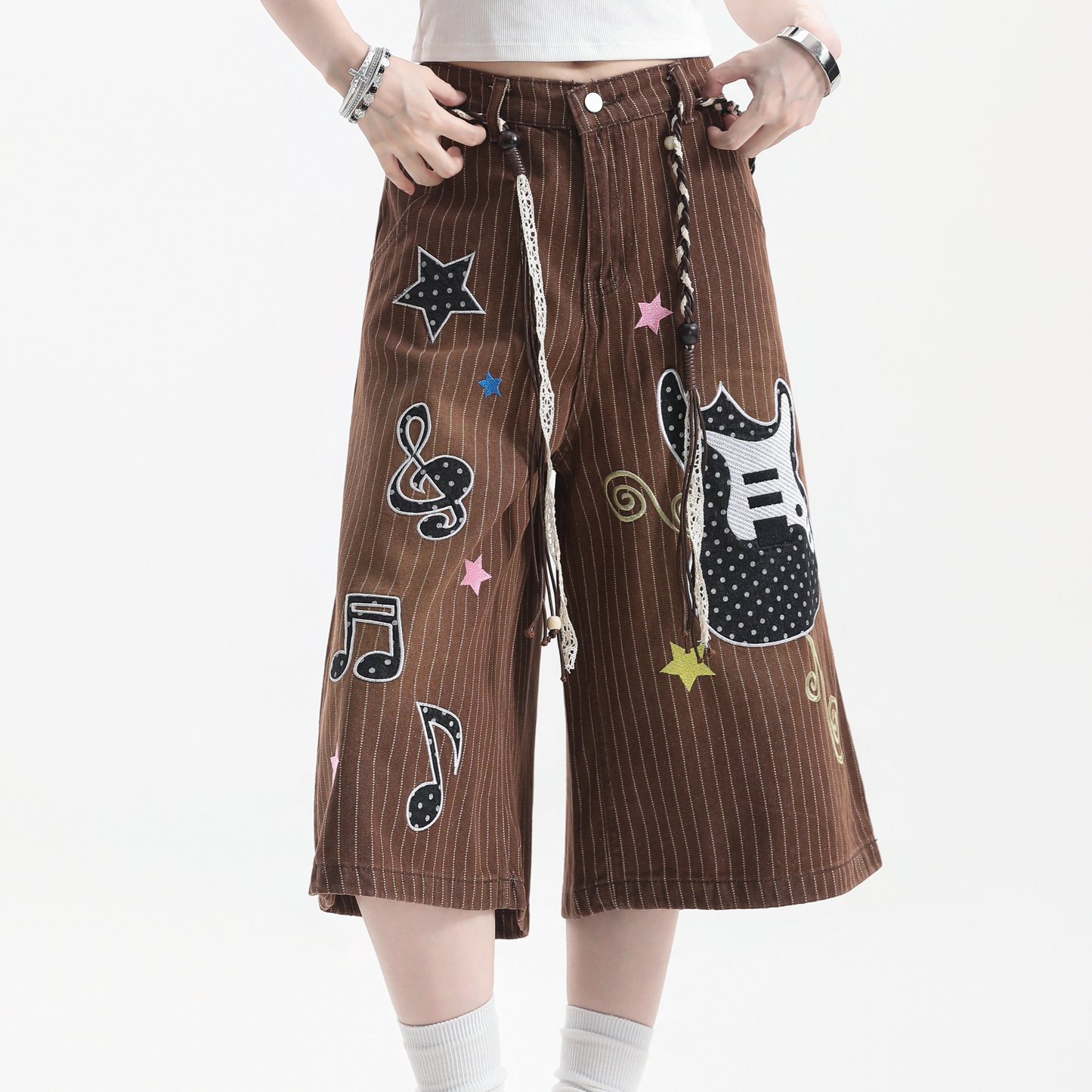 美式潮牌吉他音符刺繡豎條紋七分褲女直筒牛仔短褲子