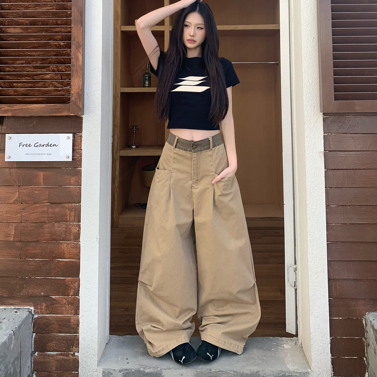 美式街頭潮牌解構工裝褲女設計感寬鬆闊腿拖地休閒長褲子