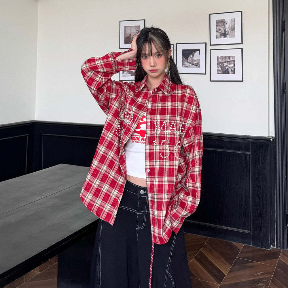 美式復古珍珠字母格紋襯衫長袖春夏休閒女同款外套襯衣