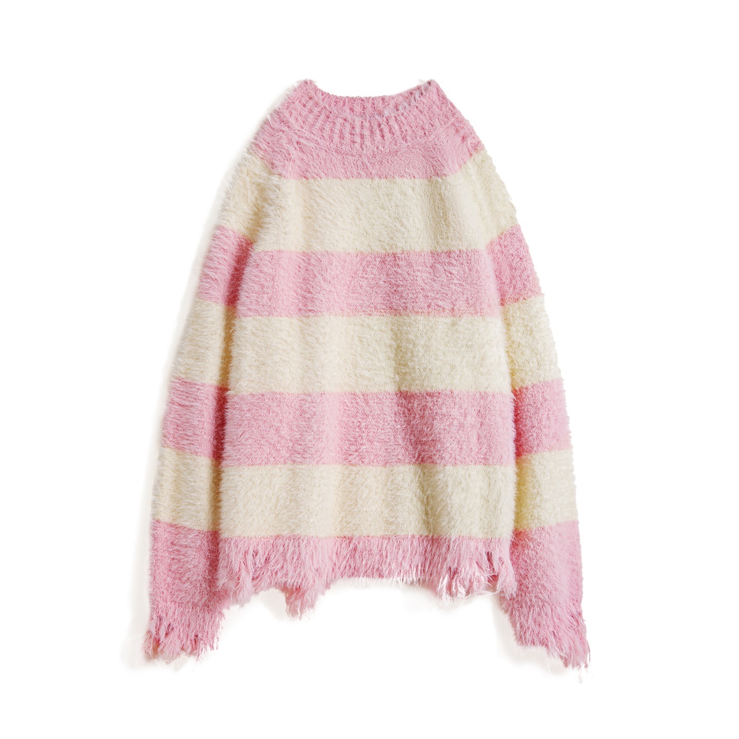 粉白色寬條紋半高領寬鬆破壞奶呼呼軟糯針織套頭毛衣女士秋冬