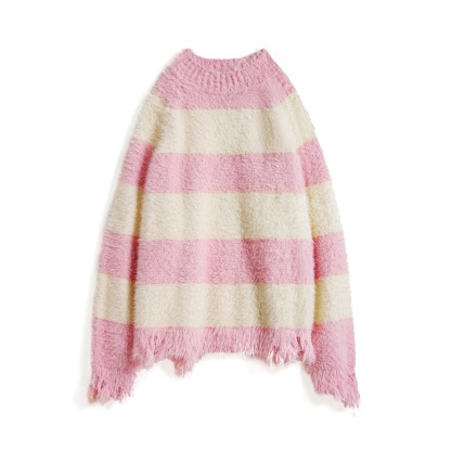 粉白色寬條紋半高領寬鬆破壞奶呼呼軟糯針織套頭毛衣女士秋冬