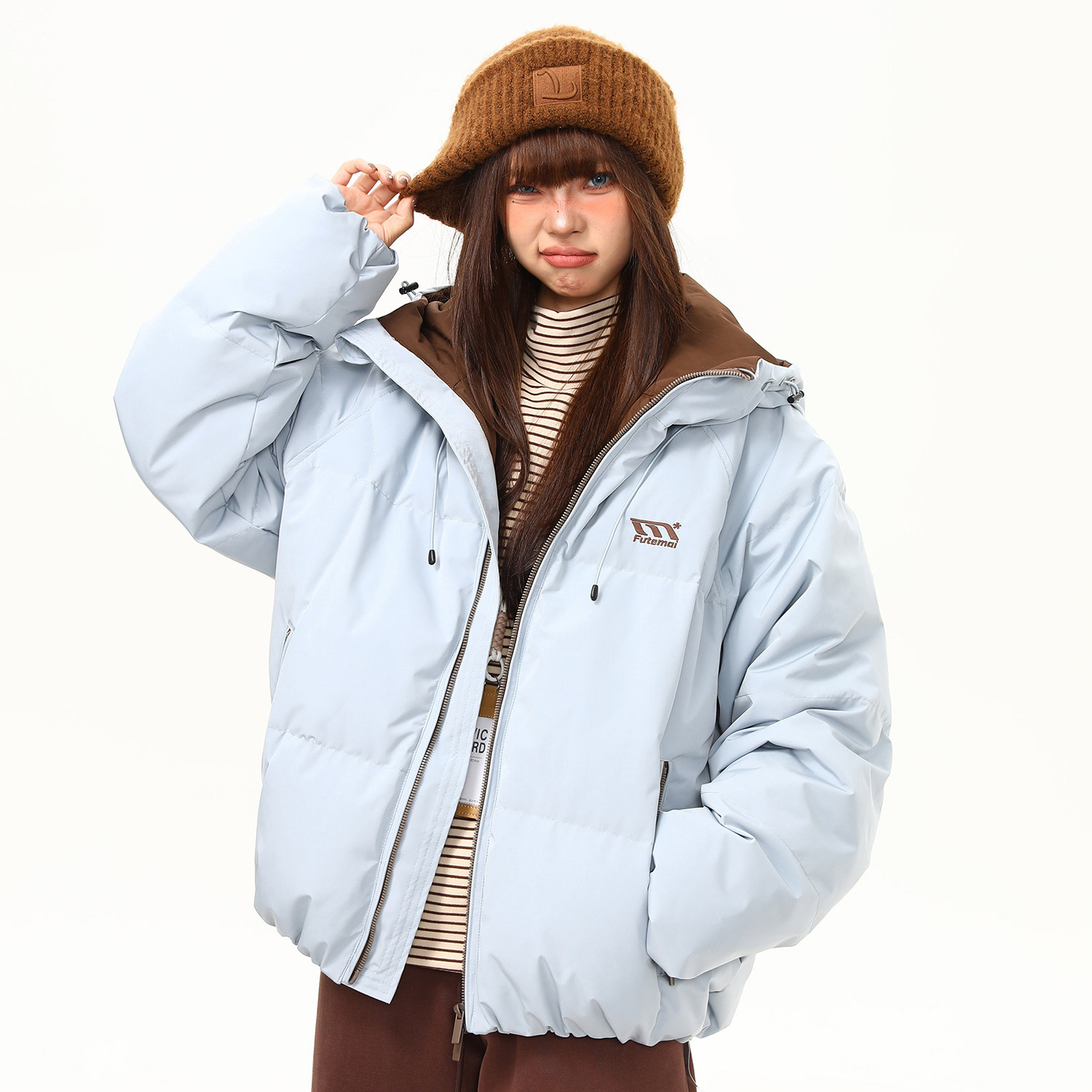 美式復古90白鴨絨羽絨服女冬季撞色戶外保暖連帽棉服外套