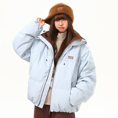 美式復古90白鴨絨羽絨服女冬季撞色戶外保暖連帽棉服外套