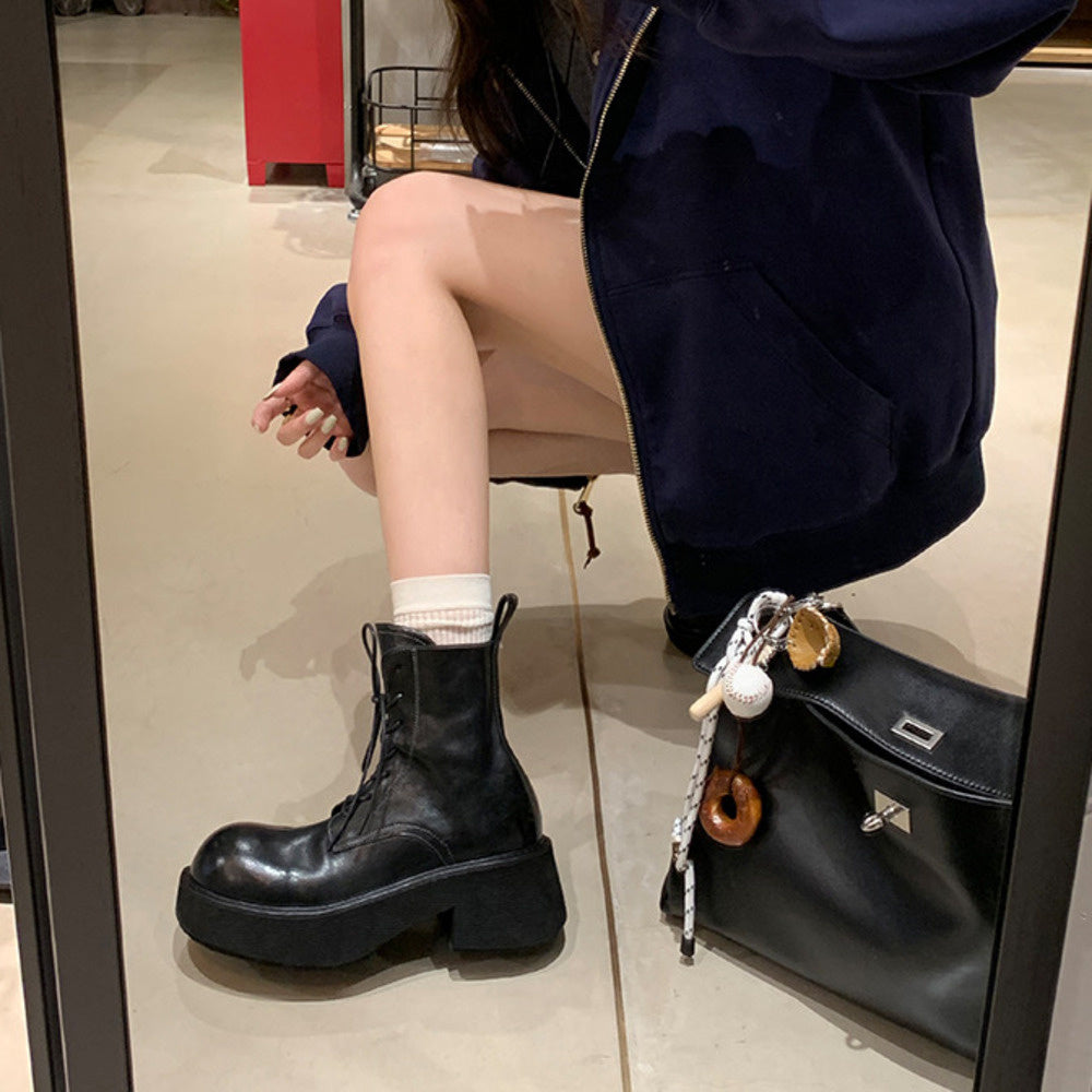 水洗縮紋馬皮系帶粗跟厚底馬丁短靴女春秋單靴