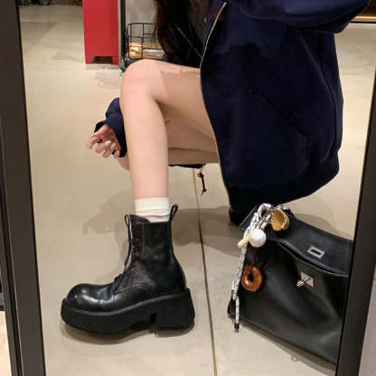 水洗縮紋馬皮系帶粗跟厚底馬丁短靴女春秋單靴