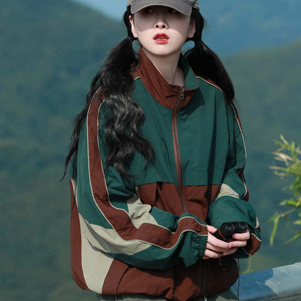 戶外防潑水工裝衝鋒衣外套女街頭潮牌拼接撞色休閒夾克秋