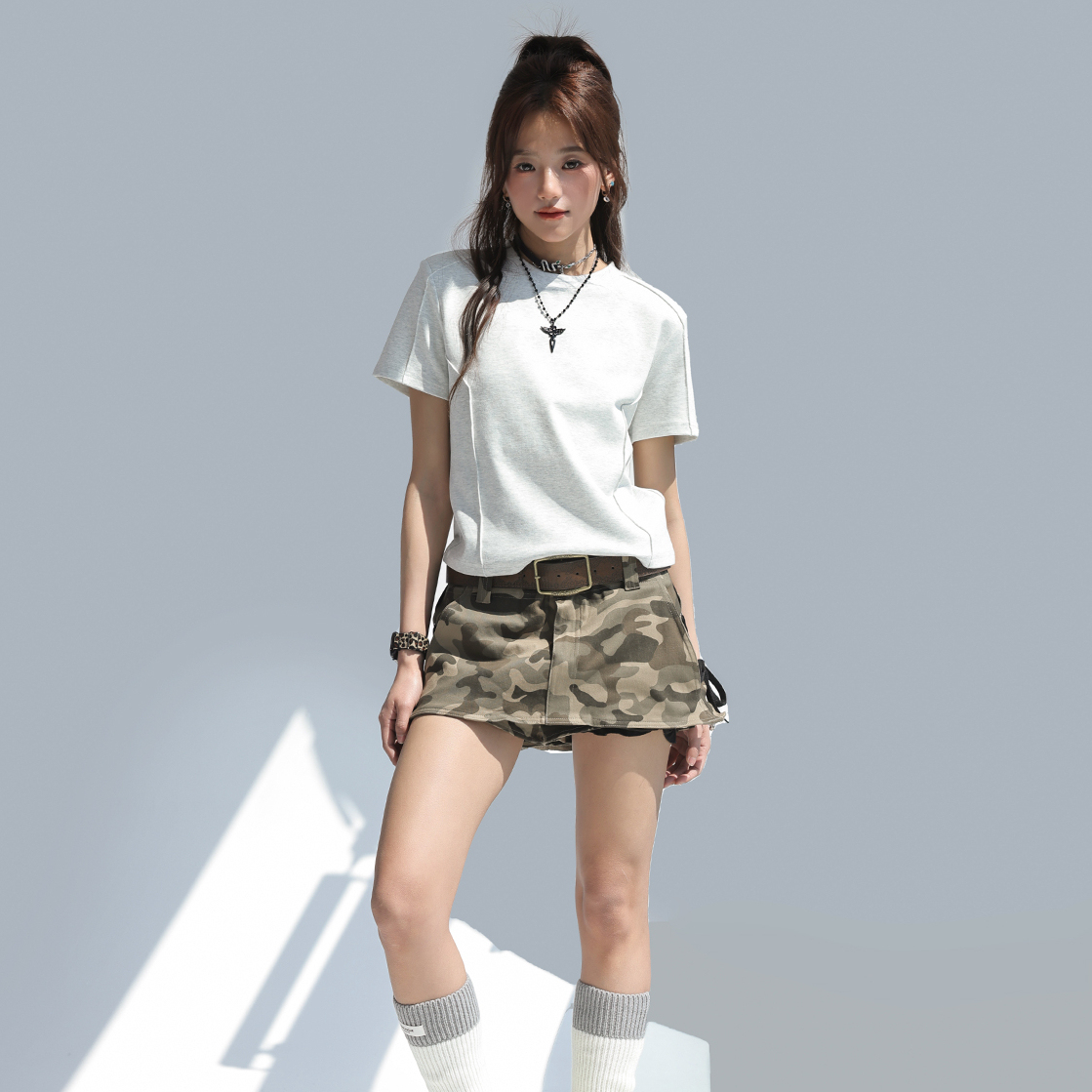 圓領正肩短袖女t恤2025新款魚骨設計感上衣修身顯瘦