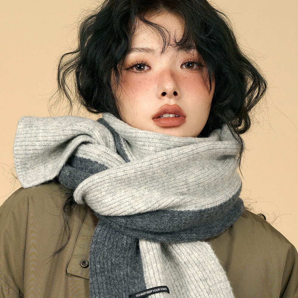 含羊毛拼色圍巾女冬季復古深灰色保暖加厚針織毛線高級感圍脖