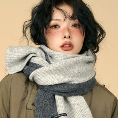 含羊毛拼色圍巾女冬季復古深灰色保暖加厚針織毛線高級感圍脖