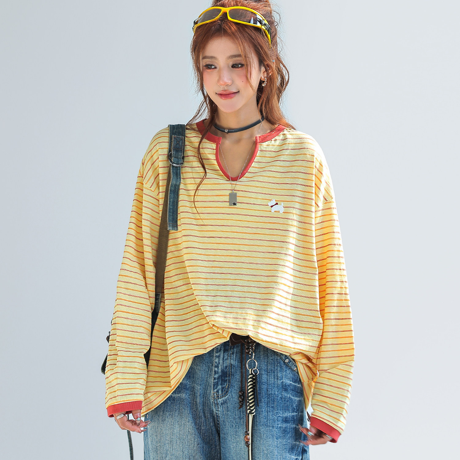 小馬刺繡撞色拼接條紋長袖t恤女設計感小眾V領上衣春
