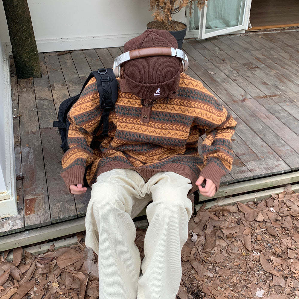 日系復古民族風翻領POLO針織衫寬鬆套頭毛衣保暖休閒上衣