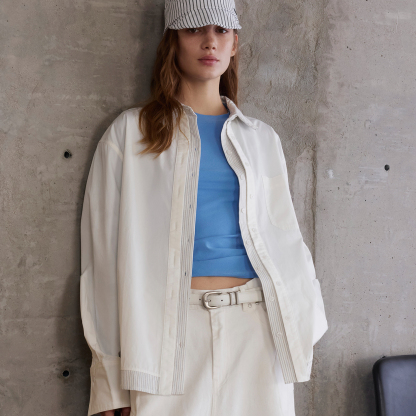 日系復古撞色條紋拼接假兩件襯衫女秋季休閒百搭襯衣外套