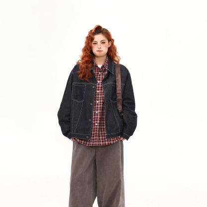 美式復古丹寧原色短款牛仔外套女秋冬寬鬆百搭夾克上衣