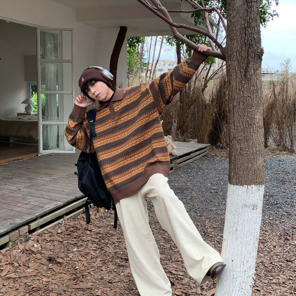 日系復古民族風翻領POLO針織衫寬鬆套頭毛衣保暖休閒上衣