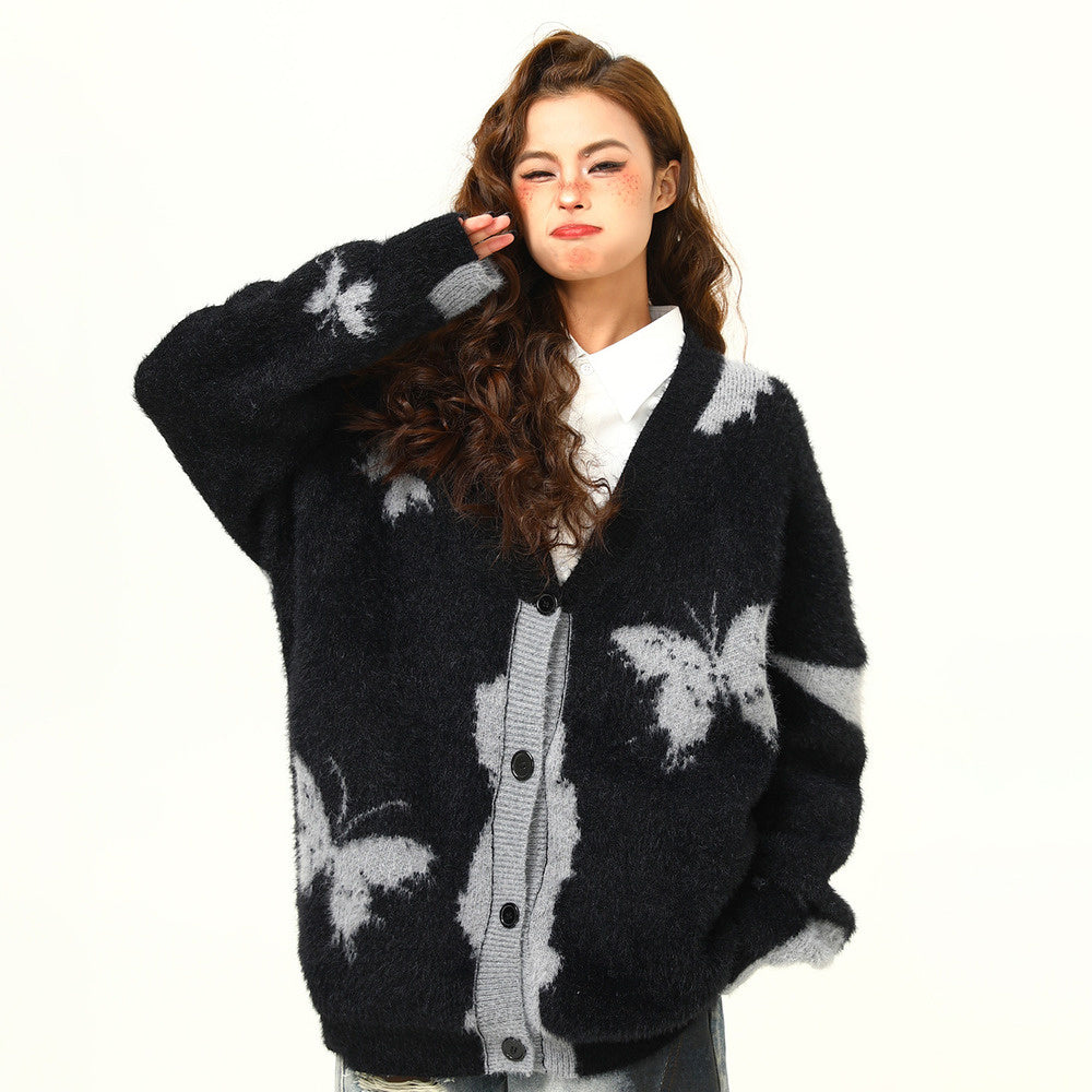 美式復古設計感蝴蝶針織開衫毛衣女秋冬慵懶寬鬆外套