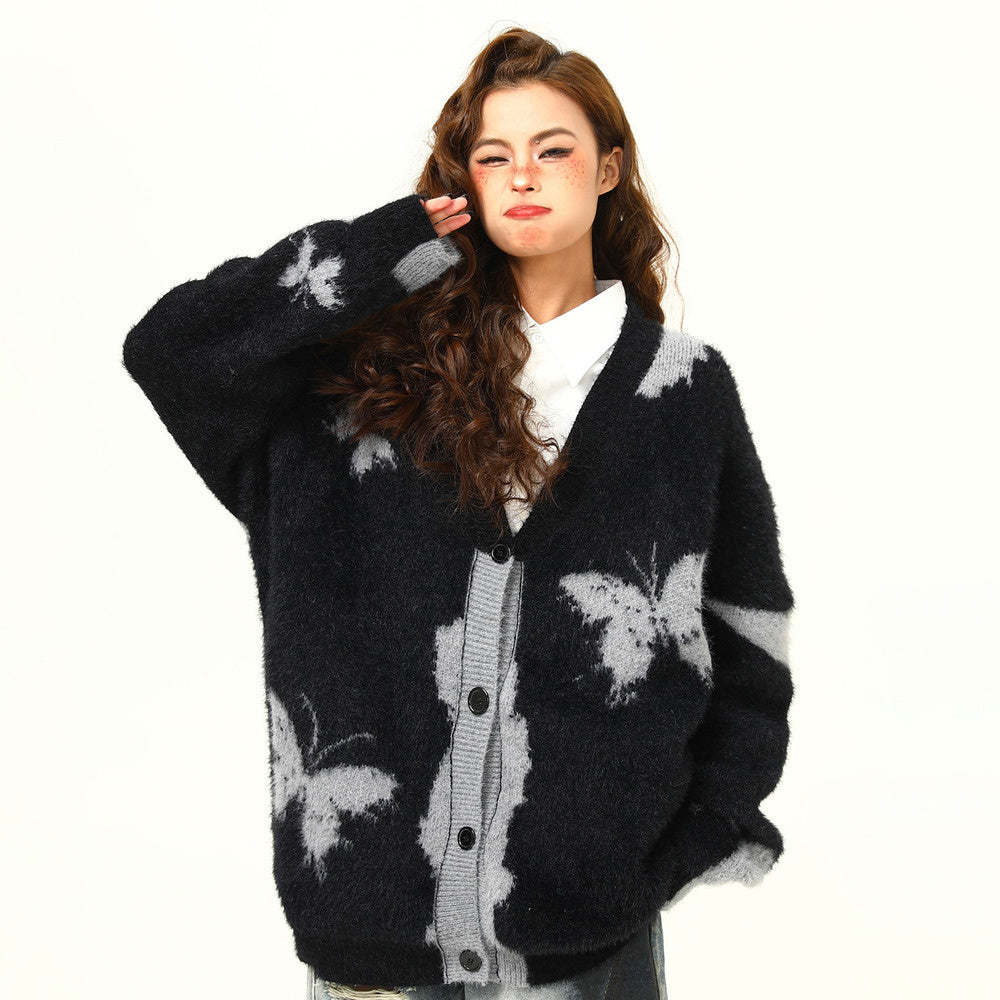 美式復古設計感蝴蝶針織開衫毛衣女秋冬慵懶寬鬆外套