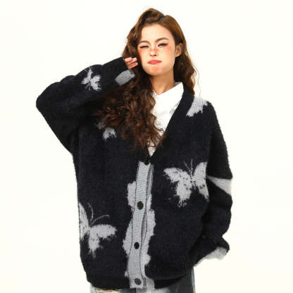 美式復古設計感蝴蝶針織開衫毛衣女秋冬慵懶寬鬆外套