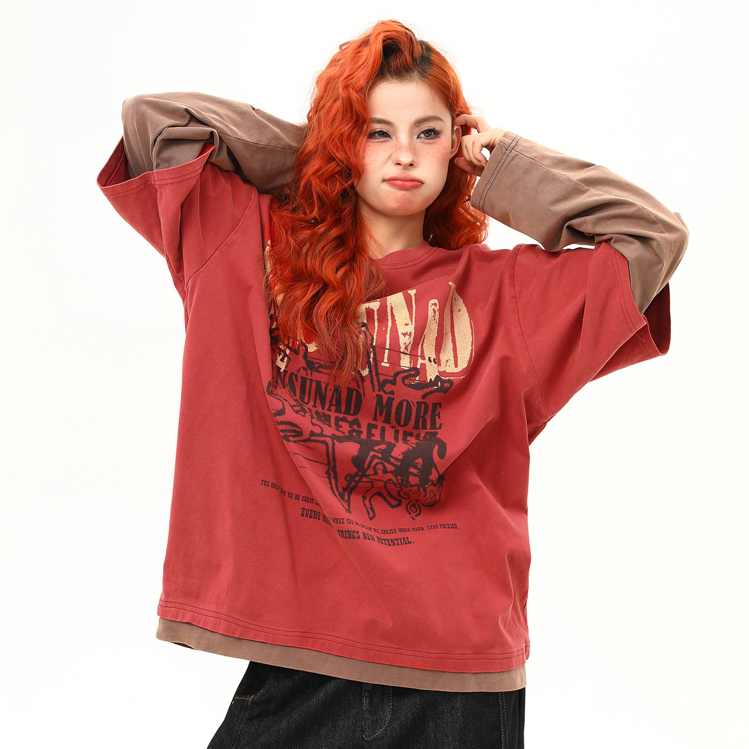 早秋新款美式復古印花假兩件圓領衛衣女百搭上衣