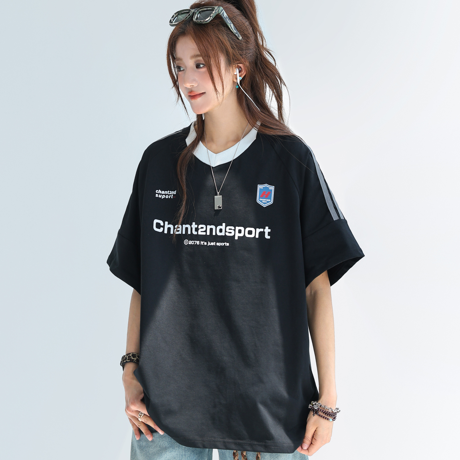 索羅娜美式拼接條紋短袖女t恤夏季字母運動球衣T賉