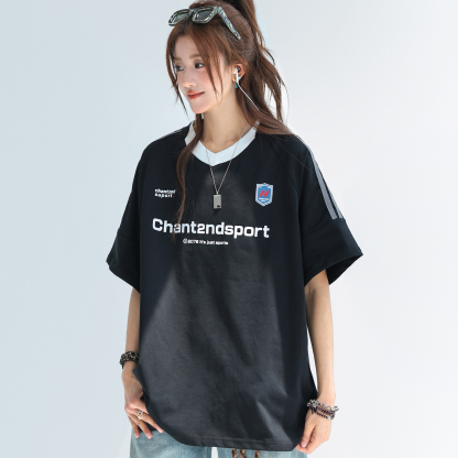 索羅娜美式拼接條紋短袖女t恤夏季字母運動球衣T賉