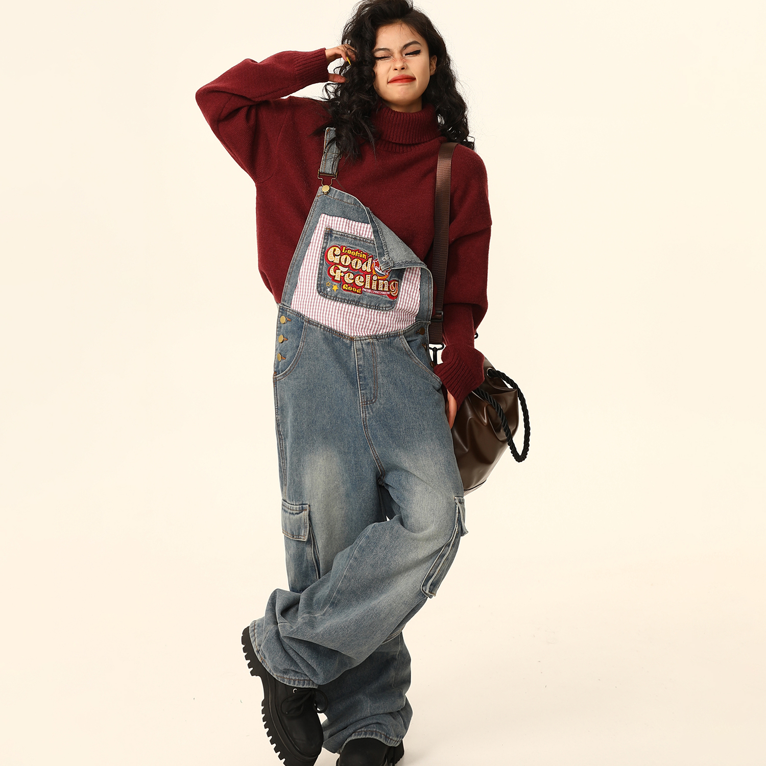 美式復古顯瘦小個子工裝牛仔背帶褲女寬鬆闊腿連體褲秋季
