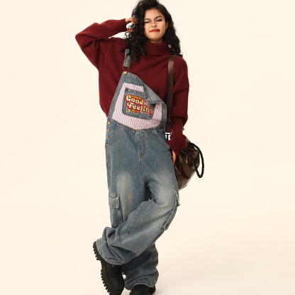 美式復古顯瘦小個子工裝牛仔背帶褲女寬鬆闊腿連體褲秋季